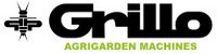Grillo-Logo in markanter, Schwarzer Schrift mit stilisierter Grille links neben dem Schriftzug. Darunter klein in hellgrüner Schrift "Agrigarden Machines"