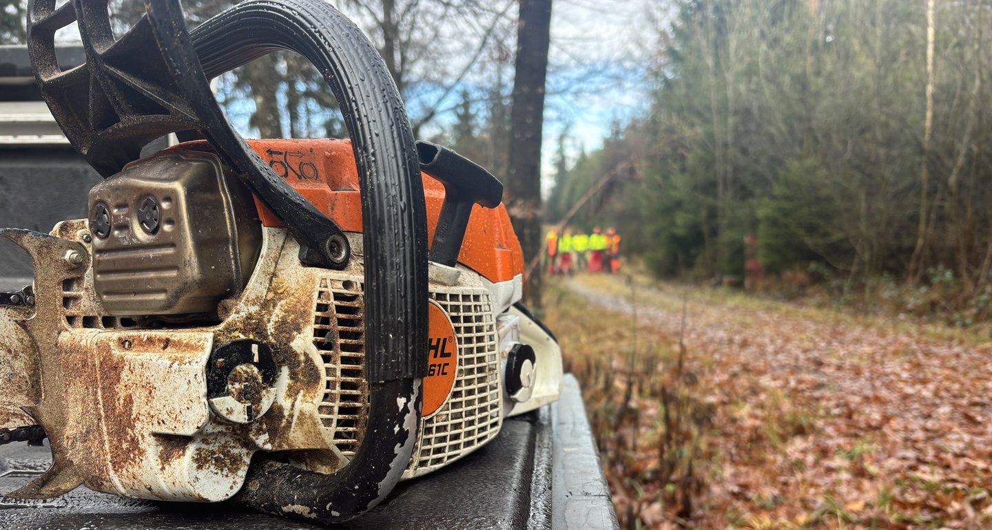 Im Vordergrund steht eine Kettensäge. Im Hintergrund sieht man eine Gruppe von Leuten in Arbeitskleidung auf einem Waldweg.