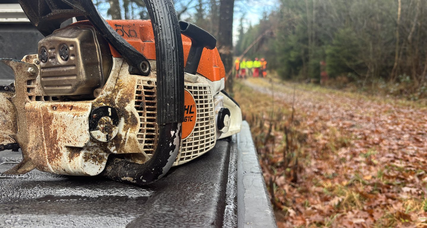 Im Vordergrund steht eine Kettensäge. Im Hintergrund sieht man eine Gruppe von Leuten in Arbeitskleidung auf einem Waldweg.