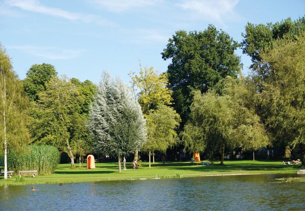 Ein ruhiger Park mit einem Teich im Vordergrund, umgeben von verschiedenen grünen Bäumen unter klarem, blauem Himmel. Menschen sitzen entspannt auf der Wiese.