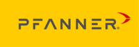 Logo der Marke "Pfanner" mit dunkelgrauer Schrift auf gelbem Hintergrund und einem roten Pfeil-Design rechts neben dem Schriftzug.